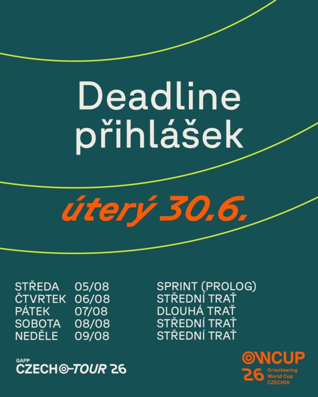 Minulé léto doprovodné závody k mistrovství Evropy dorostu v Brně, tento rok doprovodné závody ke světovému poháru ve Vyšším Brodě. První termín přihlášek na letní kolo Czech O-Tour končí už v úterý 30.6., nezapomeňte se přihlásit!🌞

Last summer, accompanying races to the European Youth Championship in Brno, this year, accompanying races to the World Cup in Vyšší Brod. The first deadline for applications for the summer round of the Czech O-Tour ends on Tuesday, June 30th, don’t forget to register!🌞